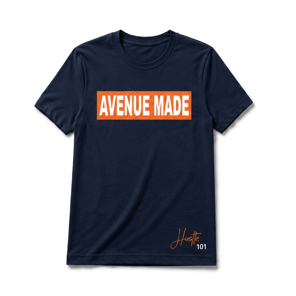Classic Avenue Made Box Logo Tee — Hustle 101 Edition — Navy/Orange