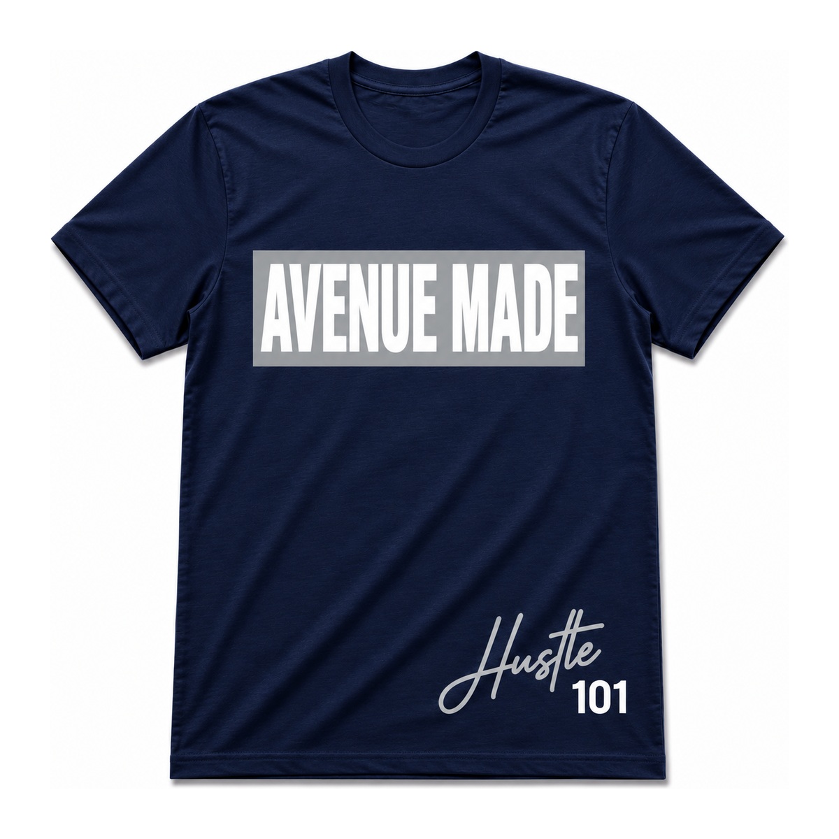 Classic Avenue Made Box Logo Tee — Hustle 101 Edition — Navy/Grey