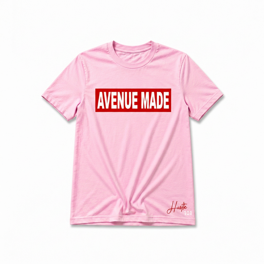Classic Avenue Made Box Logo Tee — Hustle 101 Edition — Pink/Red