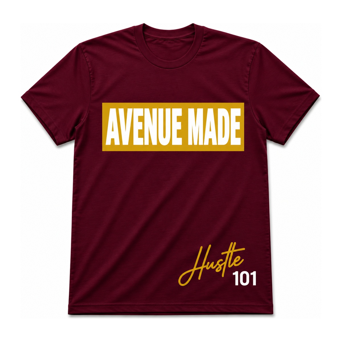 Classic Avenue Made Box Logo Tee — Hustle 101 Edition — Maroon/Gold