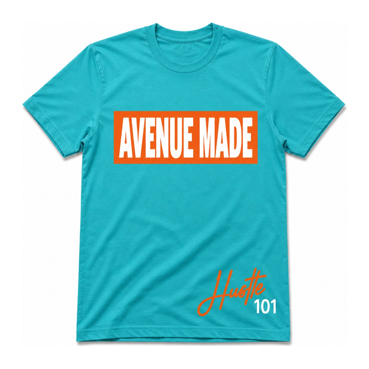Classic Avenue Made Box Logo Tee — Hustle 101 Edition — Teal/Orange