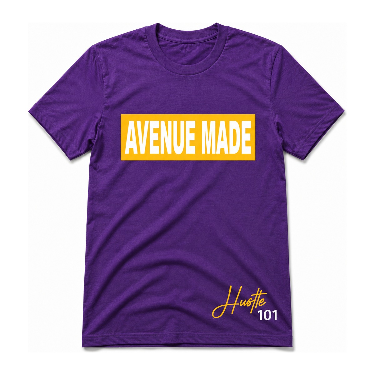 Classic Avenue Made Box Logo Tee — Hustle 101 Edition — Purple/Gold